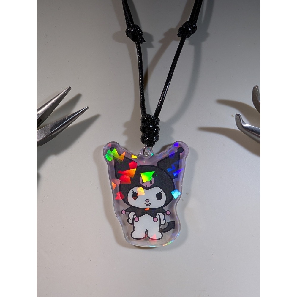 Sanrio Kuromi Holographic Acrylic Pendant Necklace Adjustable Black Cord 14-27"